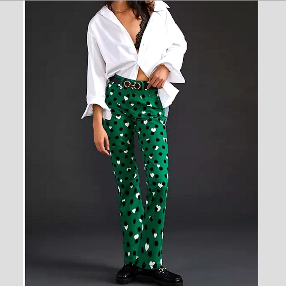 Anthropologie Maeve The Cigarette Slim Jeans Green Heart Print Denim